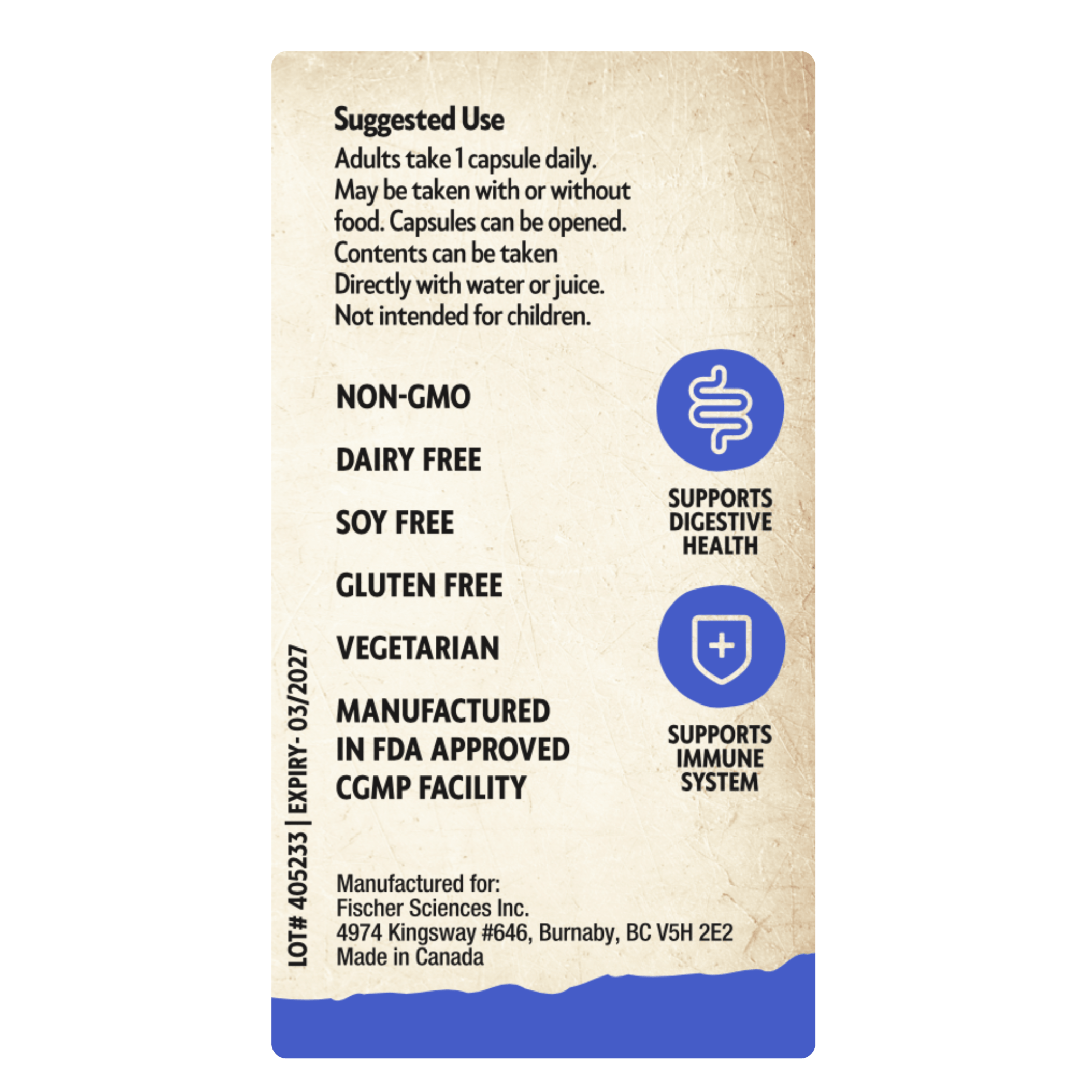 Supplement package with health benefits and dietary information on a beige background