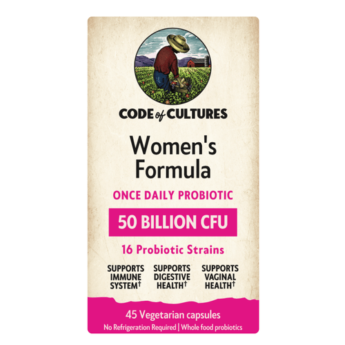 Probiotic supplement package for women with branding and product details on a white background