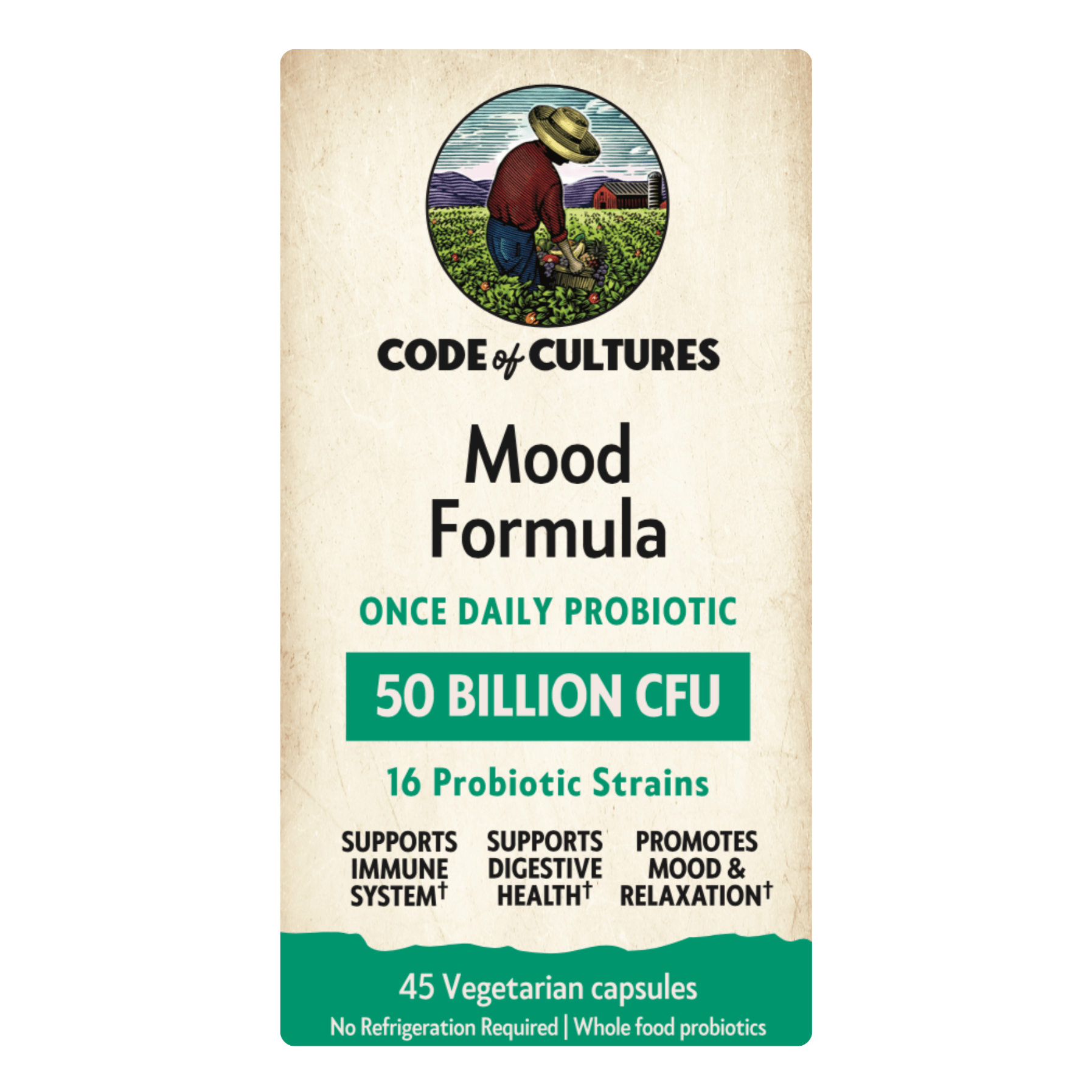 Probiotic supplement package with 'Code of Cultures' branding on a white background
