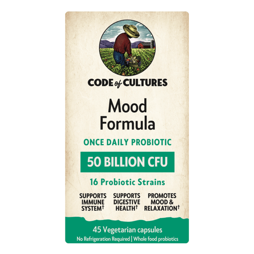 Probiotic supplement package with 'Code of Cultures' branding on a white background