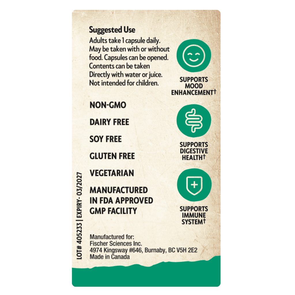 Supplement package with green and beige design on a white background